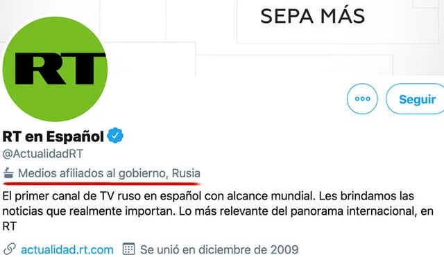 Twitter identifica a RT y Sputnik como medios afiliados al Gobierno ruso. Foto: captura Twitter