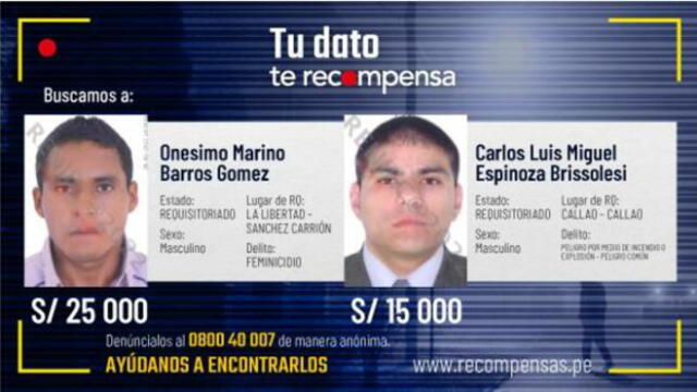 Ministerio del Interior ofrece sumas de dinero por información de estos prófugos. Foto: Mininter