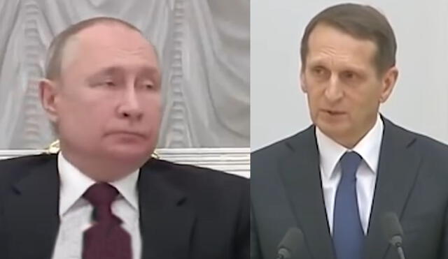 El presidente ruso Vladimir Putin interrumpió varias veces la intervención de su jefe del Servicio de Inteligencia Extranjera, Serguéi Naryshkin. Foto: composición/captura de video