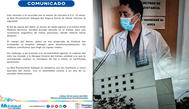 En el 2021, el pequeño llegó con su madre a la clínica IGSA, donde fue atendido por el médico Gómez González, que también trabaja en el hospital Sabogal de EsSalud. Foto: composición LR/EsSalud