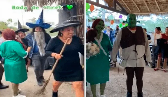 Romántica y divertida velada vivieron unos esposos y sus invitados que para su boda tuvieron la escenografía de la película “Shrek”. Fuente: Tik Tok