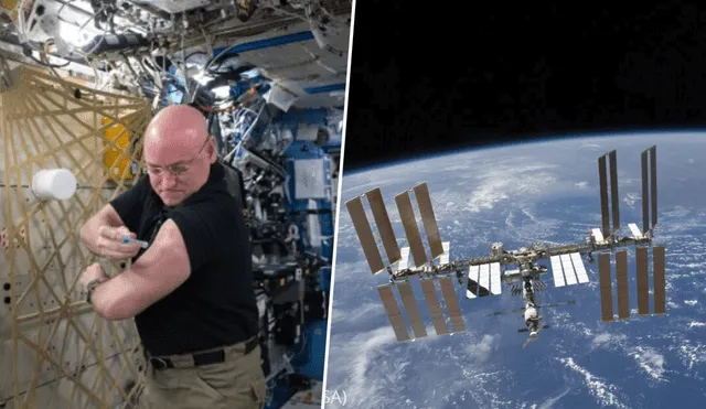 El astronauta de la NASA Scott Kelly se vacunó contra la gripe en órbita (2015). A la derecha, la Estación Espacial Internacional sobrevuela la Tierra. Foto: composición LR / NASA