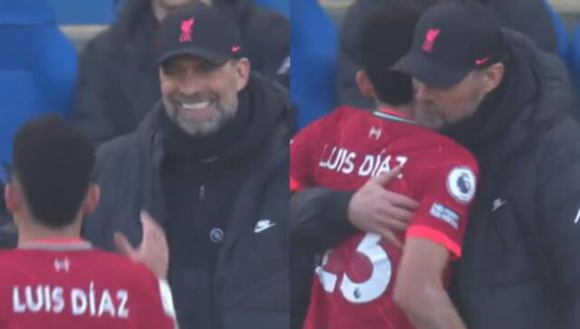 Jürgen Klopp y Luis Diaz se abarzaron tras el tanto del colombiano en la Premier League. Foto: BT Sports