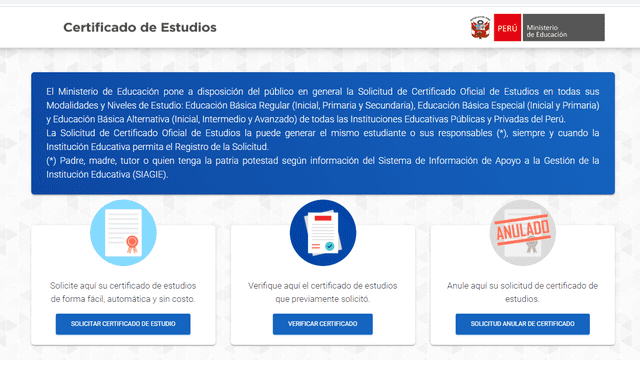 El ministerio de Educación puso a disposición de los usuarios la plataforma web para solicitar el certificado de estudios. Foto: Minedu