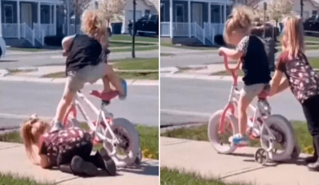 Las hermanitas se robaron el corazón de los cibernautas al verlas apoyarse mutuamente para jugar con su bicicleta. Foto: captura de Facebook
