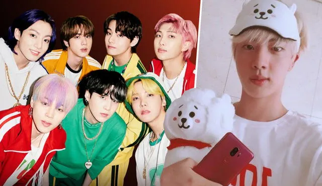 Aunque no pudo asistir al primer VLive de BTS tras el "PTD Seoul" debido a su cirugía, Jin dijo presente a través de su alpaca de peluche RJ. Foto: composición La República / Hybe