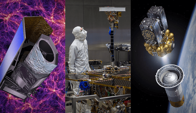 De izq. a der.: sonda Euclid detectando materia oscura; un científico supervisa los instrumentos del rover Rosalind Franklin; un satélite Galileo desprendiéndose de su cohete. Foto: composición LR / ESA / Airbus /
