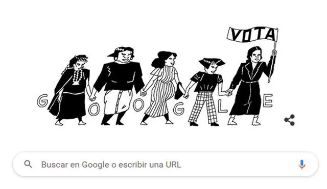 En el doodle ilustrado por Catalina Bu, se ve Elena Caffarena encabezando una marcha por el derecho al voto de las mujeres. Foto: captura de Google