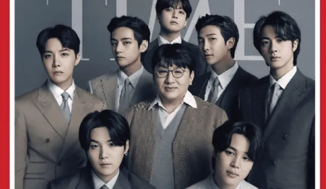 La portada de la edición abril de Time Magazine presenta a Jungkook, Taehyung, Jimin, Jin, Suga, J-Hope y Namjoon de BTS y Bang Si Hyuk, fundador de HYBE. Foto: Time Magazine