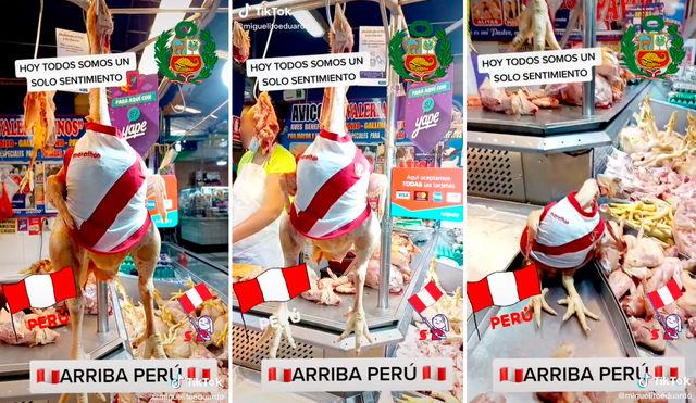 Los comerciantes de una avícola también quisieron apoyar a la selección vistiendo con la camiseta peruana a los pollos para la venta. Foto: captura de TikTok