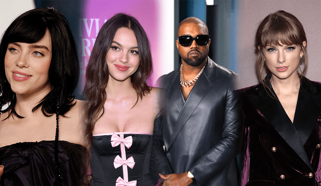 Billie Eilish, Olivia rodrigo, Taylor swift y Kanye west son algunos de los artistas nominados a los Grammys 2022. Foto: composiciónn/AFP