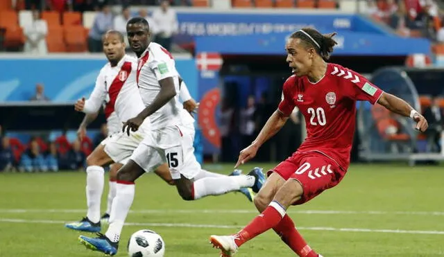 Yussuf Poulsen anotó el único tanto que le dio la victoria a Dinamarca por 1-0 ante Perú en Rusia 2018. Foto: EFE