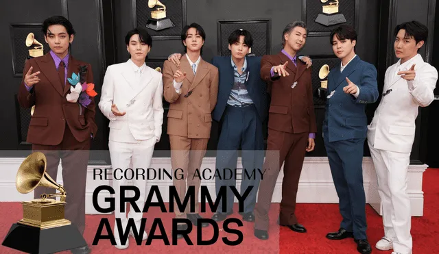 BTS en la red carpet de los Grammys 2022. Foto composición: Vogue.