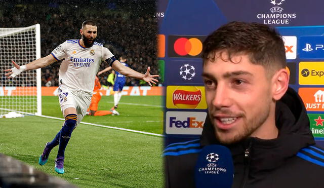 Federico Valverde halagó a Karim Benzema tras el triplete anotado ante Chelsea. Foto: Twitter Real Madrid/ESPN