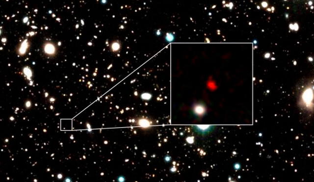 La imagen ampliada muestra a la galaxia HD1, el objeto rojo. Foto: Harikane et al.