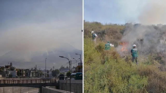 Personal del Serfor y la Policía intentan sofocar incendios en el Misti. Foto: composición/La República/Serfor