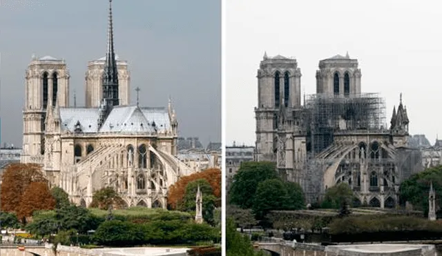 Comparativa de cómo estaba y cómo ha quedado Notre Dame tras el incendio. Foto: AFP