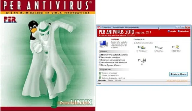 Portada de Per Antivirus para Linux (izquierda) e interfaz del programa (derecha). Foto: composición LR