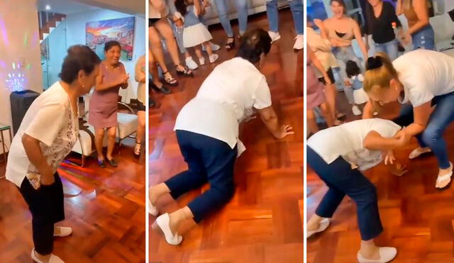 Luego de ceder a la petición de sus familiares para unirse a la fiebre de la cantante brasileña, una anciana tuvo que recibir ayuda para levantarse del suelo. Foto: captura de Facebook