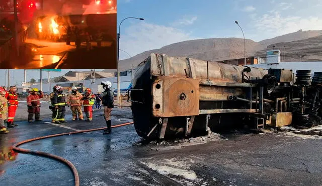 Personal bombero evacuará gasolina que contiene cisterna, antes de retirarla con una grúa. Foto: Deysi Portuguez/ URPI-LR