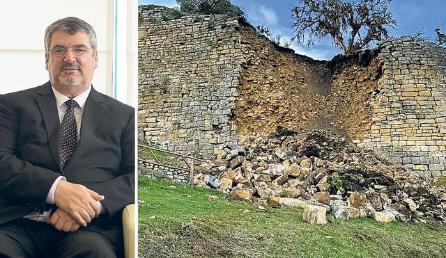 Observaciones. Arqueólogo Luis Jaime Castillo. Al lado, uno de los muros derrumbados del sitio arqueológico de Kuélap. Foto: composición/La República
