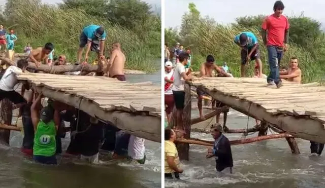 Desde que se construyó este puente artesanal en la década de los 80, varias veces colapsó por el caudal del río Zaña. Foto: captura de video/cortesía a LR.