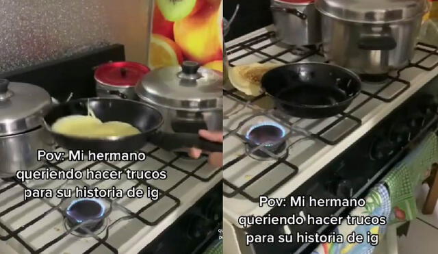 El muchacho no pudo lograr su truco de cocina e hizo reír a cientos de usuarios por su intento fallido. Foto: captura de TikTok