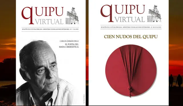 Portadas de la primera edición y de la edición número cien de la publicación de "Quipu Virtual, boletín de la Cancillería.