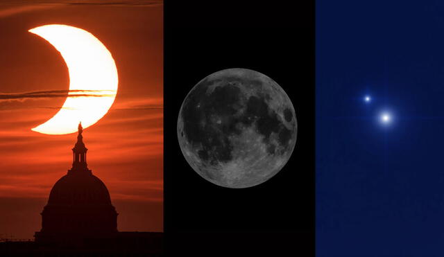 De izquierda a derecha: un eclipse solar parcial, una luna negra (segunda luna nueva del mes) y una conjunción de Venus y Júpiter Foto: composición LR / NASA
