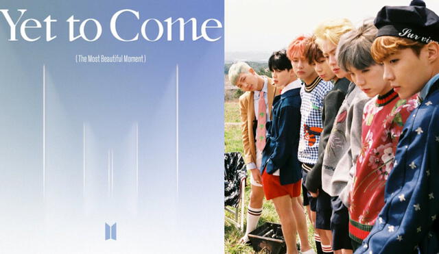 Carátula de "Yet to come", single lead del nuevo álbum de BTS, "Proof", y una imagen de Bangtan en la era "Forever young", que cerró el HYYH parte 2. Foto: composición La República/Hybe
