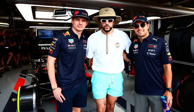 Bad Bunny con las estrellas del equipo Red Bull Racing: Max Verstappen y Sergio "Checo" Pérez. Foto: Red Bull Content Pool