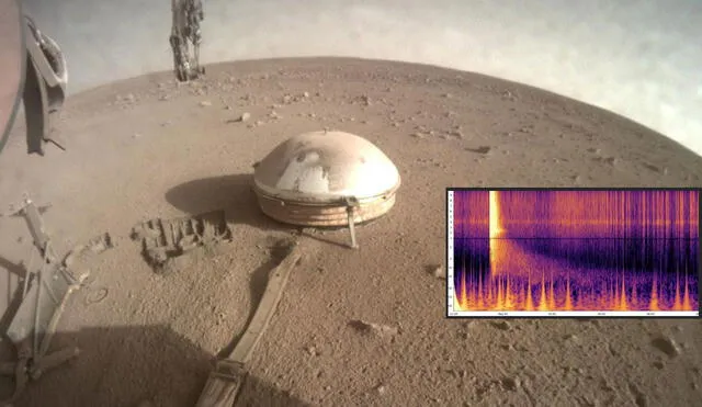Sismómetro del módulo InSight (centro) y su lectura del reciente terremoto en Marte (derecha). Fotos: NASA