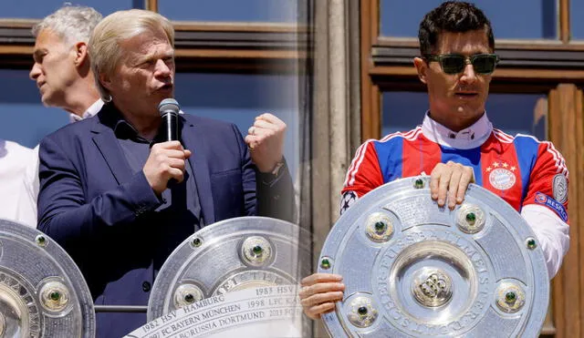 Oliver Kahn y Robert Lewandowski en la celebración de la décima Bundesliga consecutiva. Foto: composición GLR/EFE