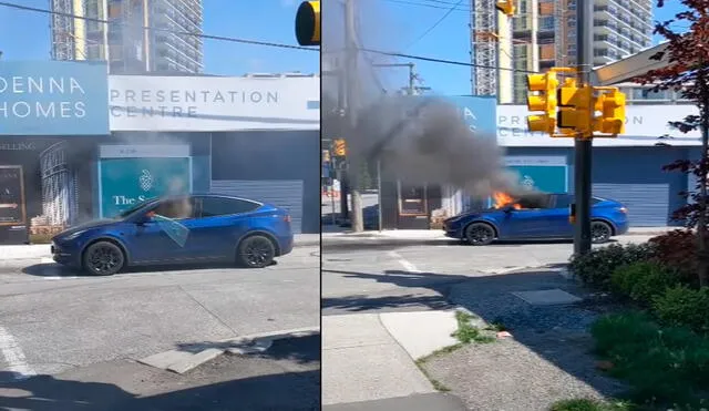 Un Tesla se incendia en una calle en Canadá. Foto: captura video/Sons of Vancouver Distillery