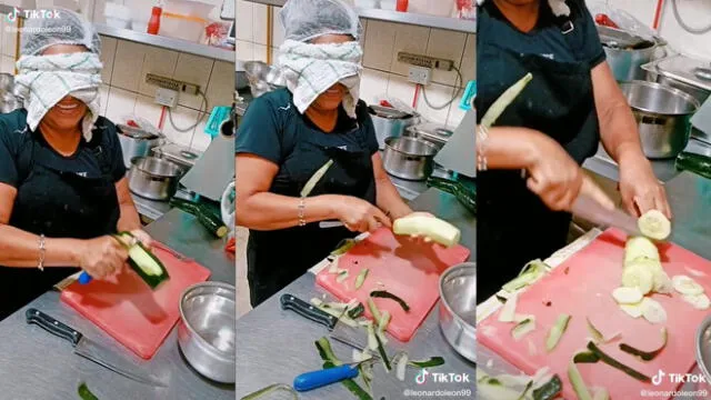 La señora mostró toda su destreza cortando el pepino en rodajas. Foto: composición/ @leonardoleon99/TikTok