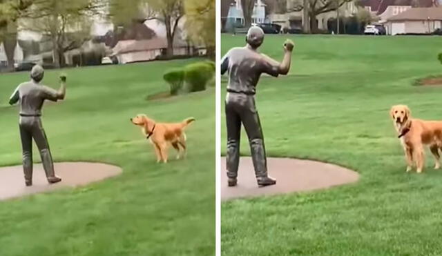 Luego de que llevó a su mascota a un nuevo parque, esta descubrió unas esculturas en forma de un hombre y un perro. Foto: composición/ captura de Facebook