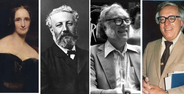 Precursores y maestros del género ciencia ficción: Mary Shelley, Julio Verne, Issac Asimov y Ray Bradbury.