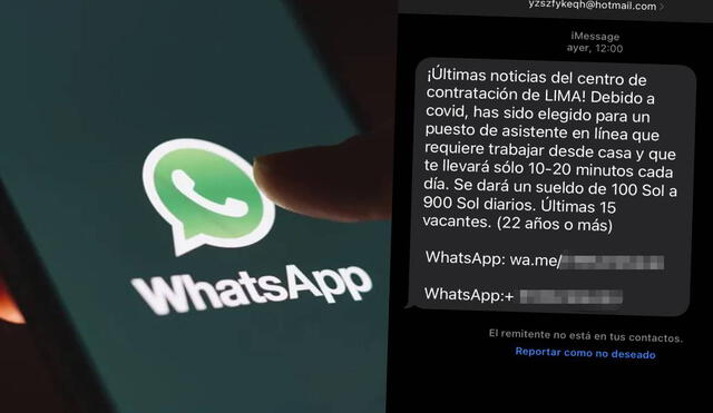 En WhatsApp y por SMS se están haciendo comunes las estafas con ofertas de trabajo con altos sueldos por pocas horas al día. Foto: Composición LR