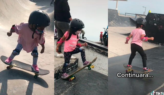 La niña aprendió a usar su skate tras varios intentos y mucho esfuerzo. Foto: captura de TikTok