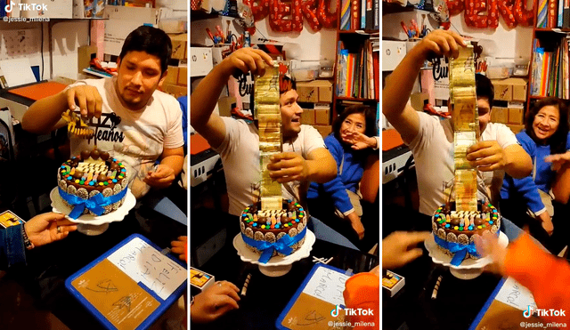 El hombre no podía creer que su pastel estaba rellenado con billetes de 10, 20 y 50 soles. Foto: captura de TikTok