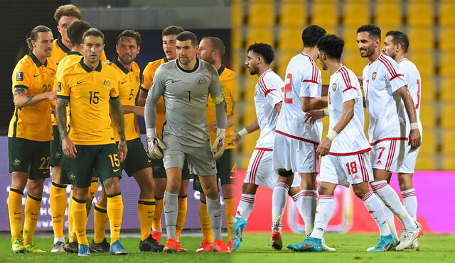 Australia vs. Emiratos Árabes Unidos: ambas escuadras pelearán para llegar al repechaje contra Perú. Foto: composición GLR/Socceroos/UAEFA