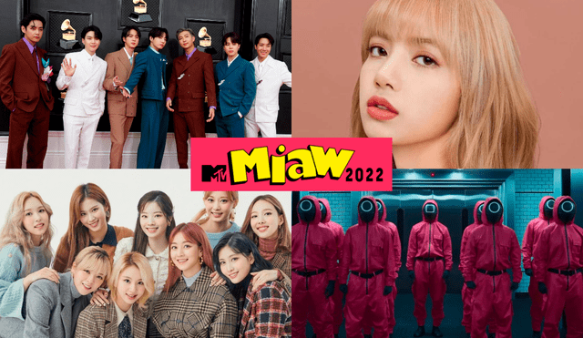 BTS, Lisa BLACKPINK, TWICE, "El juego del calamar" y más actos coreanos fueron nominados a los MTV Miaw 2022. Foto: composición La República / BIGHIT / YG / JYP / Netflix / MTV Miaw