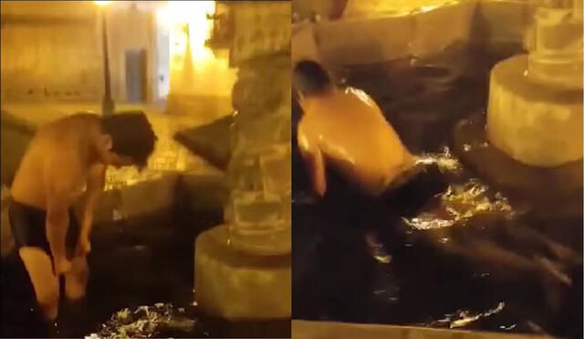 El video muestra a un hombre bañándose en la pileta de la plazuela Belén. Crédito: captura de video - Cajamarca reporteros.
