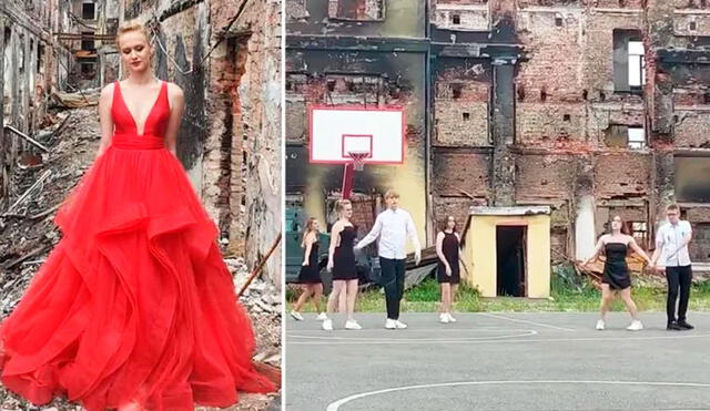 En una impactante imagen de esperanza y resiliencia, Valeria Kobzeva, de 16 años, posó con un vestido rojo entre los edificios destruidos de la Escuela Número 134. Foto: The Sun / Video: Twitter