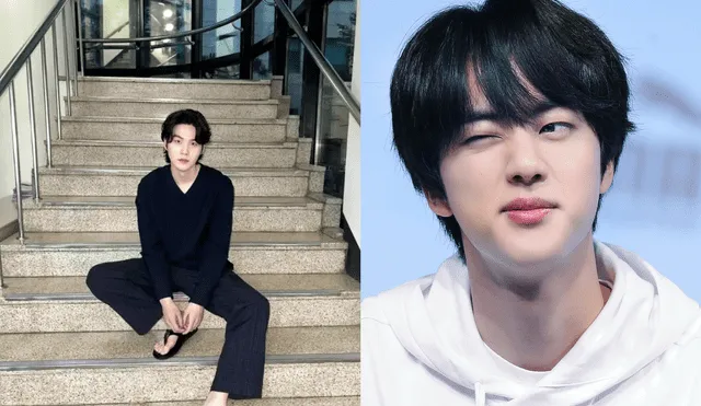 Suga de BTS realizó una tradicional foto en las escaleras de Music Bank. Poco después, Jin salió con una foto que sumaría al nuevo challenge del k-pop. Foto: composición Hybe/MusicBank