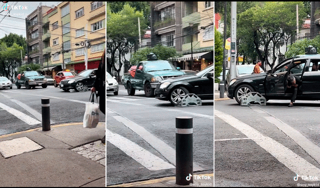 El hombre condujo el auto con la ‘araña’ en la rueda y terminó estropeando la llanta y el pavimento. Foto: captura de TikTok