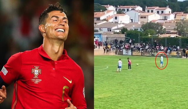 Cristiano Ronaldo Jr. quiso ser figura en un partido de menores, pero cometió un blooper. Foto: composición EFE/captura TikTok