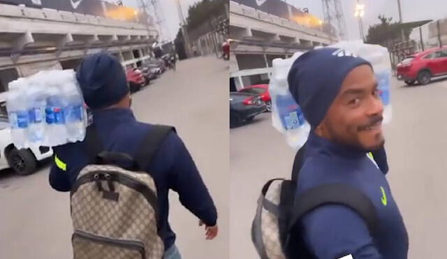 Divertido momento. Farfán le hace una broma a Aguirre, quien se estaba llevando botellas de agua de Alianza Lima tras entrenar. Foto: captura de Instagram