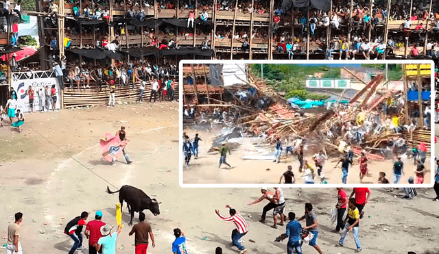 Una tribuna repleta de gente se desplomó en medio de una corrida de toros en Tolima. Foto: captura de video Twitter/Alerta Mundial