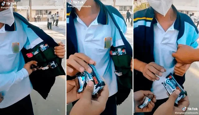 El escolar no perdió la oportunidad para ofrecer sus productos a sus amigos de colegio. Video: @angieporraslima /TikTok